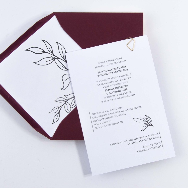 Zaproszenia Ślubne ze spinaczem minimalistyczne liście - Kingdom Burgund